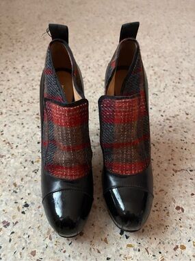 L.A.M.B. Essex Black Leather & Red Plaid Cap-Toe Ankle Booties